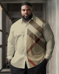 Plus Size Men's Casual Simple Lattice Stitching Print Lapel Long Sleeve Shirt