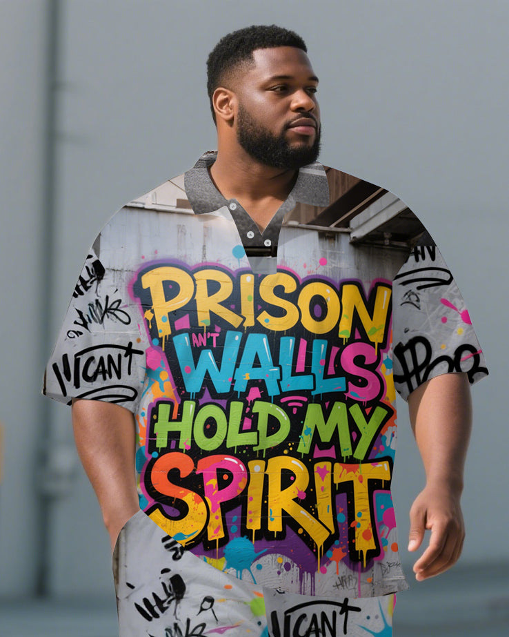Big Men's PRISON WALL Colorful Lettering Streetwear Short Sleeve Polo Shirt Shorts 2-Piece Set