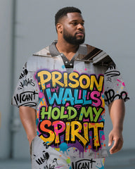 Big Men's PRISON WALL Colorful Lettering Streetwear Short Sleeve Polo Shirt Shorts 2-Piece Set