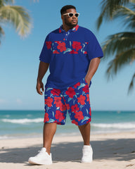 Men's Hawaiian Theme Rose Bold Printed Big & Tall Short Sleeve Polo Shirt Shorts Suit