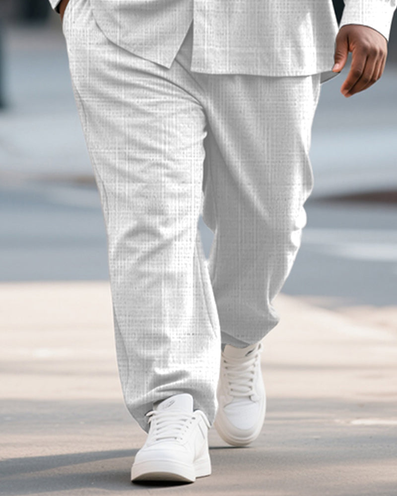 Big & Tall Men's Business White Geometric Wave Print Bamboo Hemp Texture Long Sleeve Shirt Trousers Suit