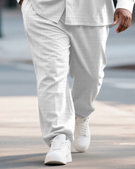 Big & Tall Men's Business White Geometric Wave Print Bamboo Hemp Texture Long Sleeve Shirt Trousers Suit
