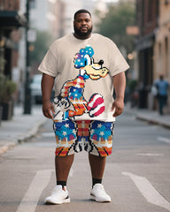 Men's Plus Size Apricot Pixel American Flag Cartoon Dog Print Short Sleeve T-Shirt Shorts Suit