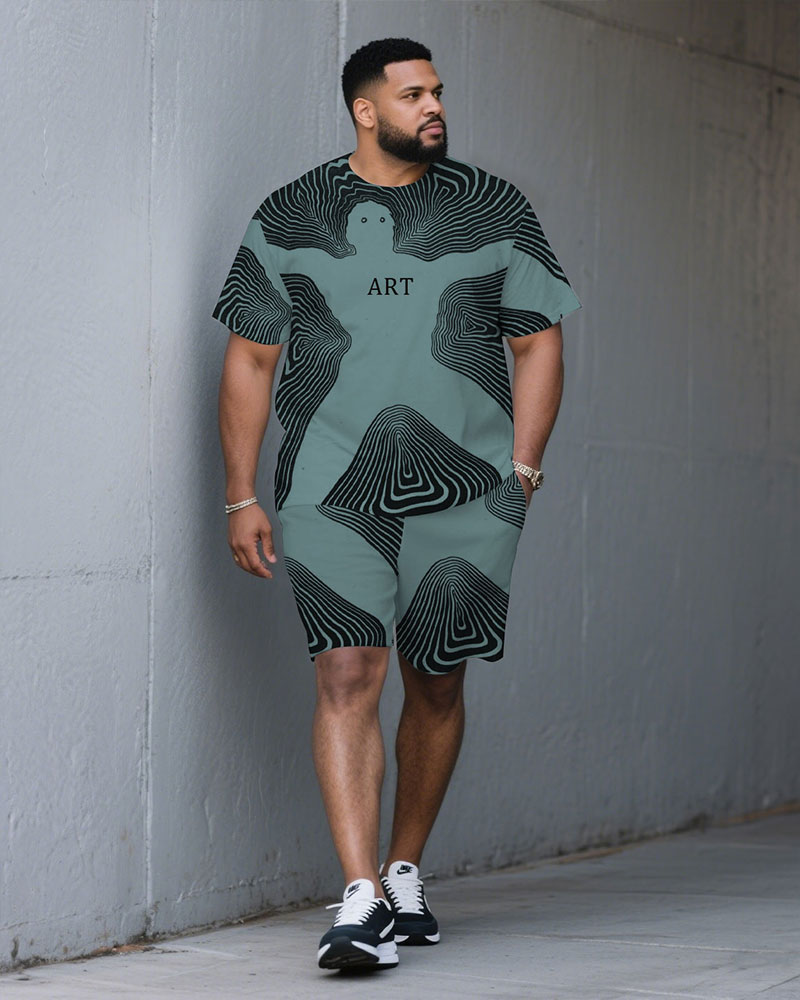 Men's Plus Size Irregular Line Human Shape Outline Fashion Round Neck Short Sleeve T-shirt Shorts Suit