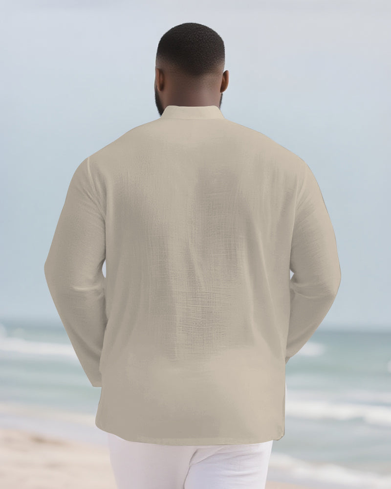 Big & Tall Men's Everyday Solid Color Bamboo Hemp Texture Henry Collar Long Sleeve Shirt