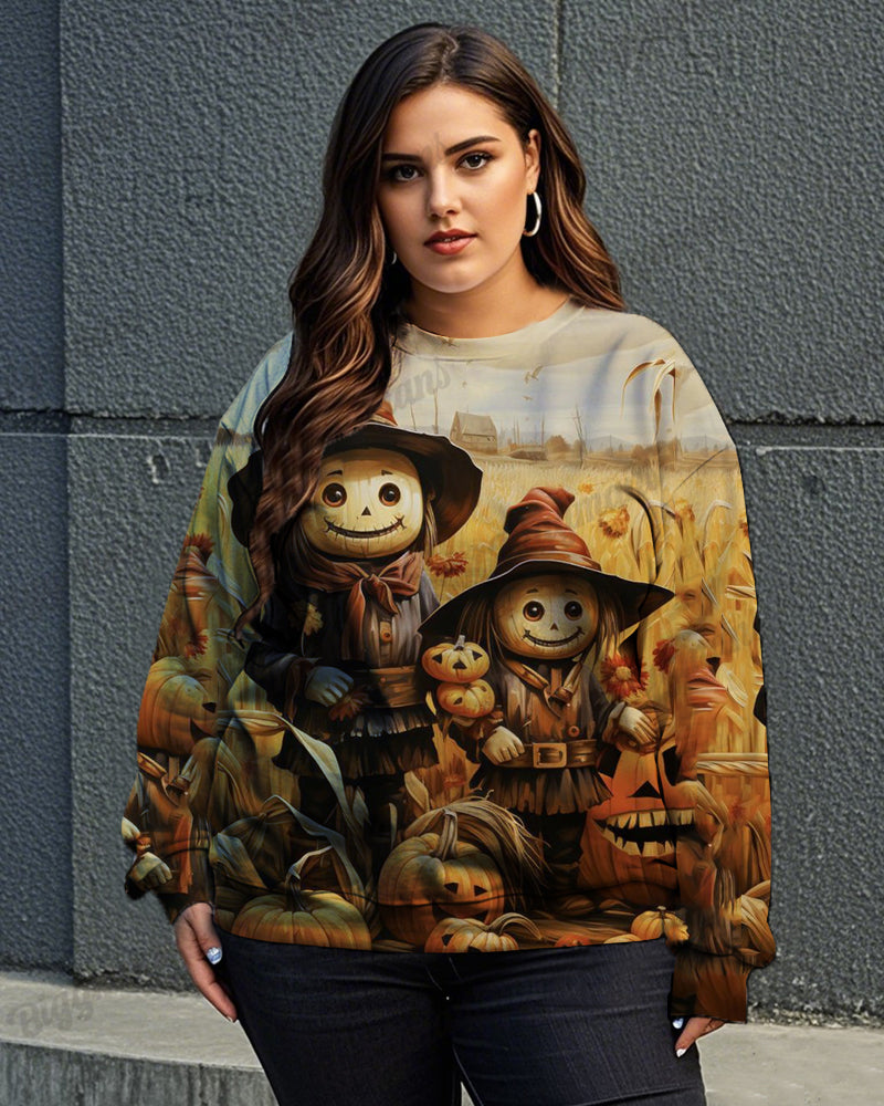 Cartoon Pumpkin Scarecrow Printed Round Neck Long Sleeve Plus Size Top