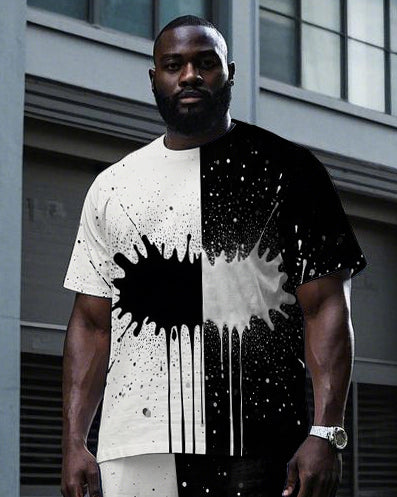 Big Men's Artistic Black & White Half Splicing Ink Spash Printed Short Sleeve T-shirt Pants Set