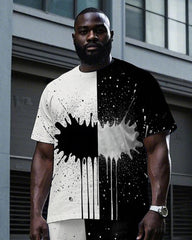 Big Men's Artistic Black & White Half Splicing Ink Spash Printed Short Sleeve T-shirt Pants Set