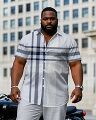 Men's Plus Size Large Plaid Light Gray Short Sleeve Shirt Trousers Men's Suit