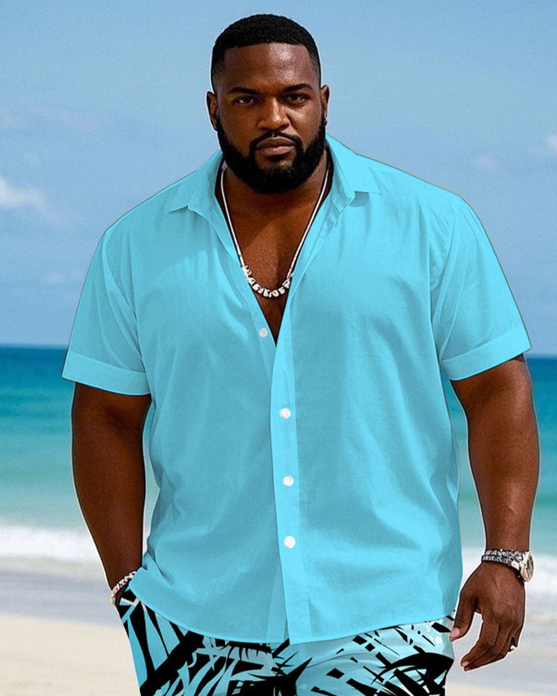 Men's Plus Size Hawaiian Holiday Bright Blue Short Sleeve Shirt Shorts Suit