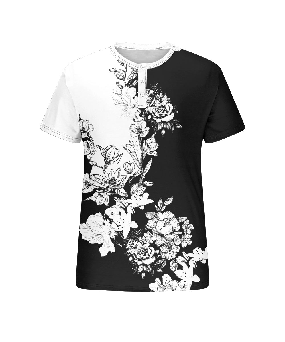 Men's Plus Size Black And White Floral Print Henley Collar Button Short Sleeve T-shirt