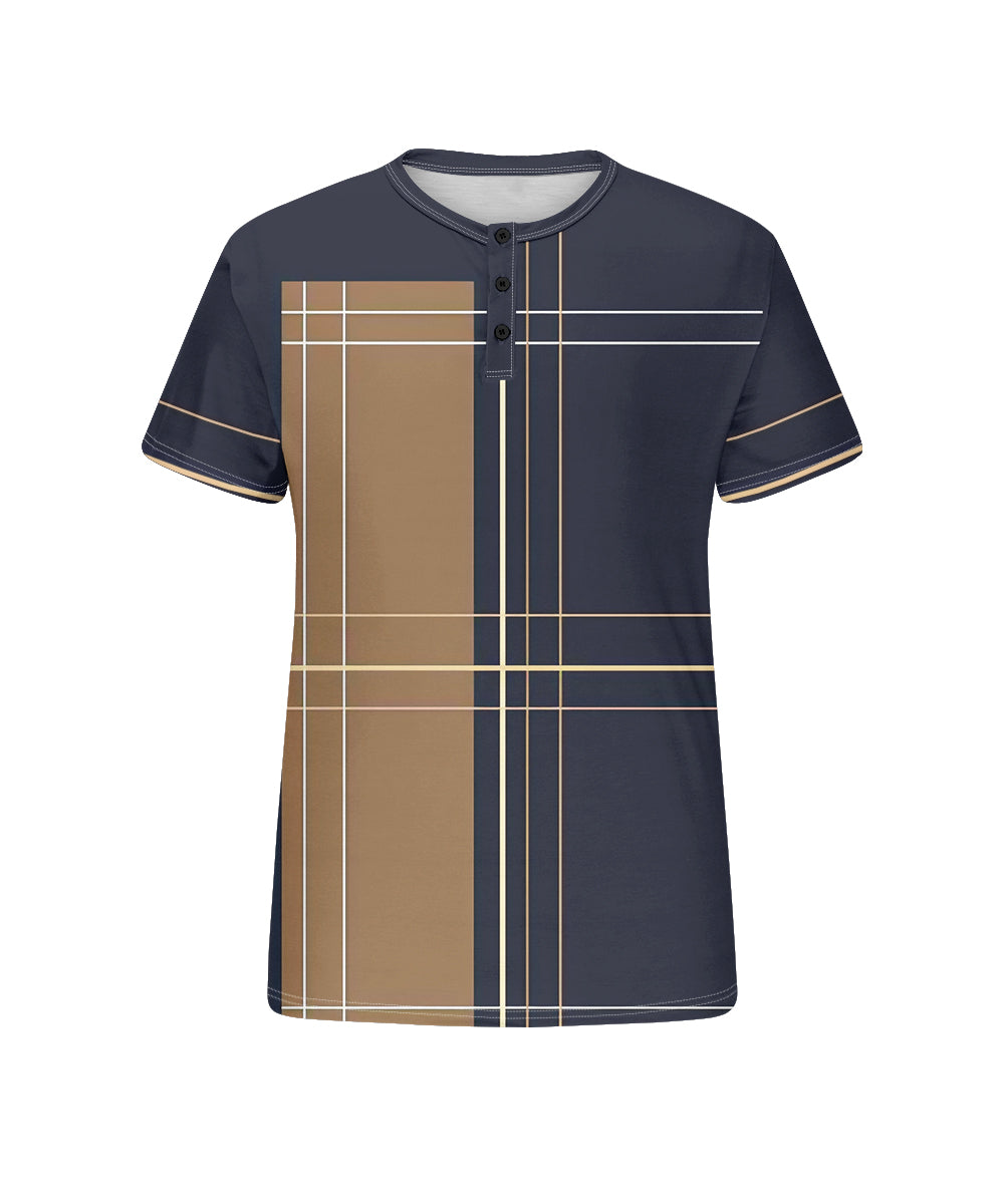 Men's Plus Size Blue Khaki Colorblock Geometric Print Henry Collar Button Short Sleeve Tee