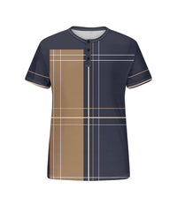 Men's Plus Size Blue Khaki Colorblock Geometric Print Henry Collar Button Short Sleeve Tee
