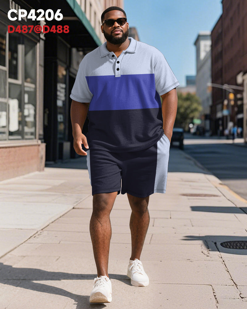 Big & Tall Men's Business Purple Colorblock Stripe Print Short Sleeve Polo Shirt Shorts Suit