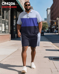 Big & Tall Men's Business Purple Colorblock Stripe Print Short Sleeve Polo Shirt Shorts Suit