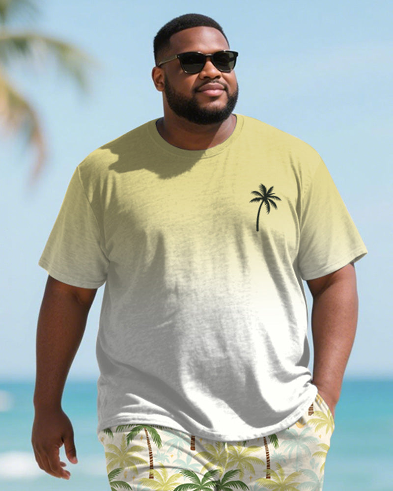 Men's Plus Size Green Coconut Tree Gradient Print Round Neck Short Sleeve T-Shirt Shorts Suit