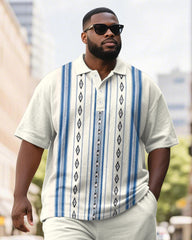 Men's Plus Size Business Apricot Blue Stripe Print Short Sleeve Polo Shirt Shorts Suit
