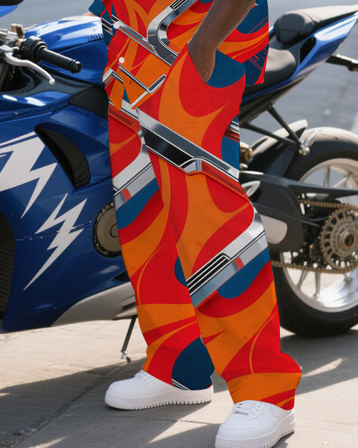 Big Guy's Abstract Fire with Machine Technological Printed Long Sleeve Shirt and Pants Set