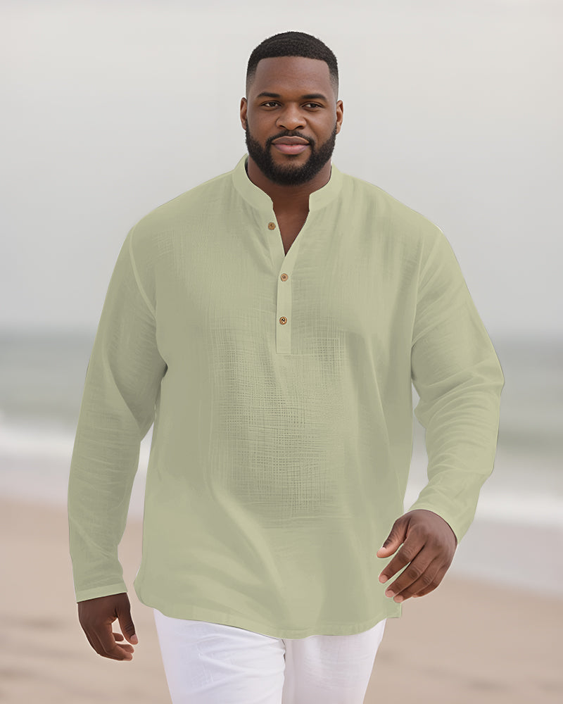 Big & Tall Men's Everyday Solid Color Bamboo Hemp Texture Henry Collar Long Sleeve Shirt