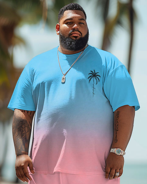 Big Men's Hawaiian Gradient Coconut Tree Print T-Shirt Shorts Set