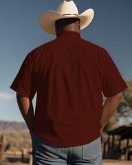 Men's Plus Size Western Style Red Patchwork Aztec Print Short Sleeve Shirt