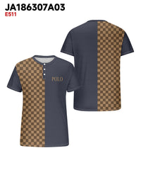 Men's Plus Size Daily Casual Blue Stitching Brown Plaid Letter Print Henry Collar Button Short Sleeve T-Shirt
