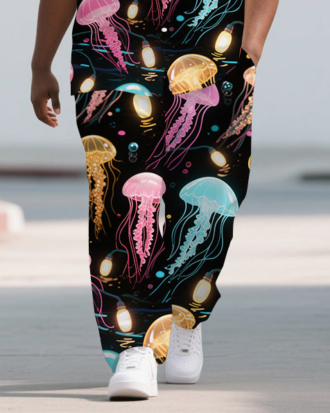Big Guys Casual Cartoon World Dreamy Jellyfish Printed Short-Sleeve Shirt Pants Sets
