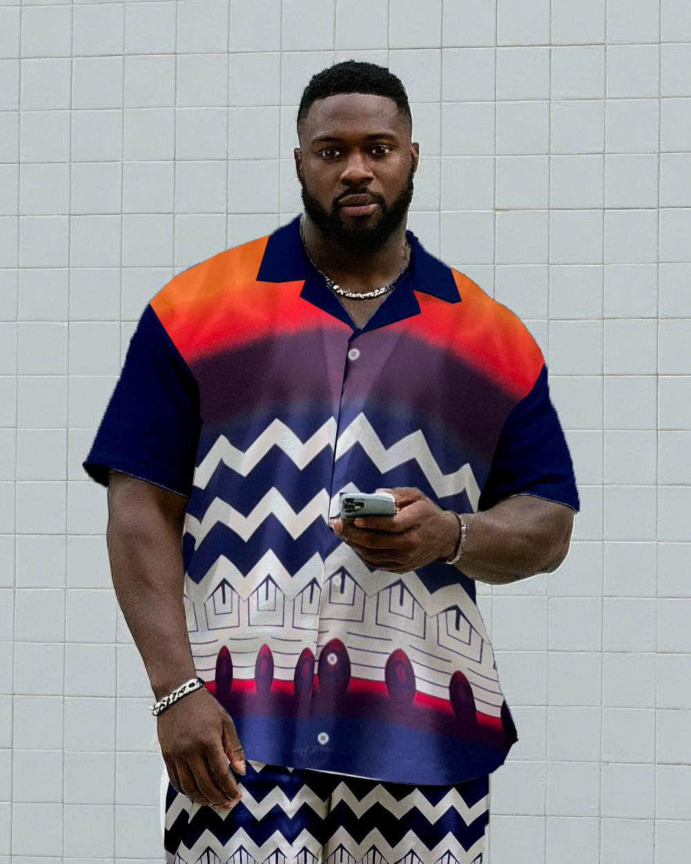 Big & Tall Men's Daily Leisure. Vintage Wave Striped Hierarchical Print Shirt Shorts Suit