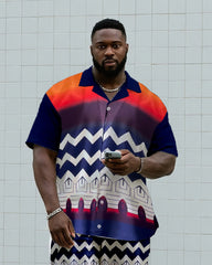 Big & Tall Men's Daily Leisure. Vintage Wave Striped Hierarchical Print Shirt Shorts Suit