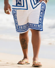 Big Men's Vacation Casual Bohemian Style Blue Vintage Striped Edge Textured White Short Sleeve Shirt Shorts Suit