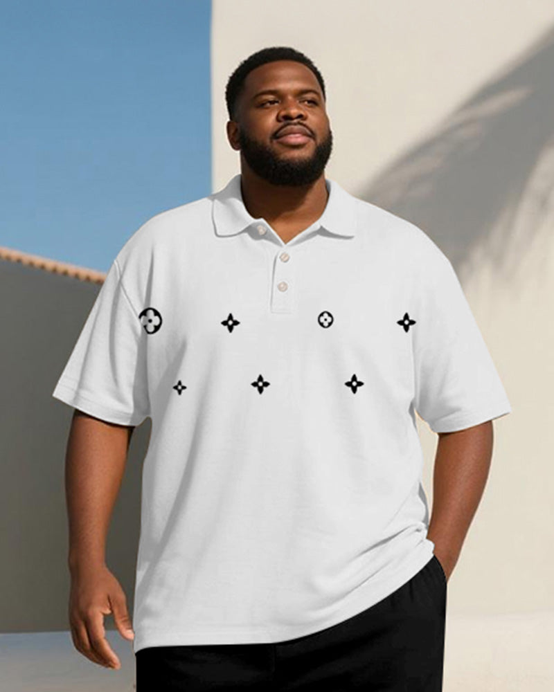 Big & Tall Men's Business Black And White Geometric Diamond Star Print Short Sleeve Polo Shirt Shorts Suit