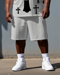 Big Men's Simple Street Fashion Cross i fear GOD Printed Short Sleeve T-Shirt Shorts Set