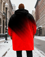 Big & Tall Men's Black And Red Gradient Printed Velvet Padded Long Hooded Coat