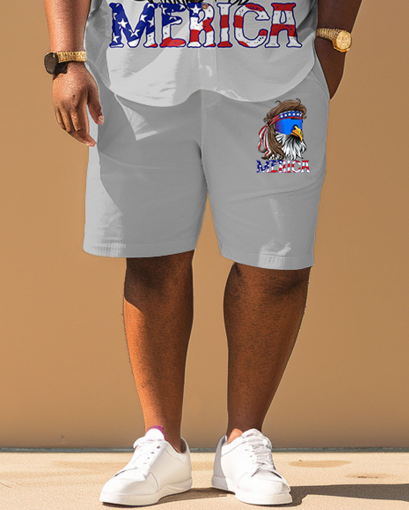 Men's Plus Size Independence Day Eagle Print Short Sleeve Shirt Shorts Suit