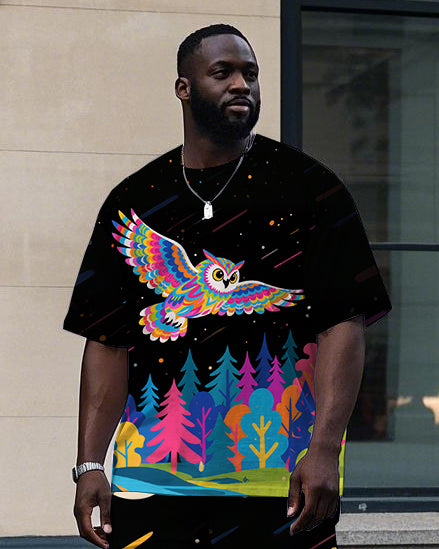 Big Men's Animal Theme Flying Owl Cartoon Printed Summer Short Sleeve T-shirt Pants Set