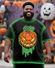Big & Tall Men's Halloween Pumpkin Fluorescent Green Contrast Printed T-Shirt Pants Suit