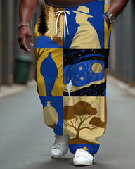 Big Men's Loose Retro Cartoon Splicing Style Pocket Drawstring Casual Pants