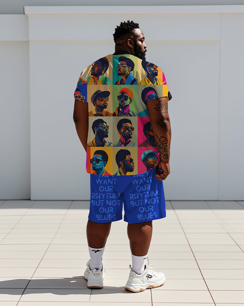 Men's Plus Size Street Fashion Colorblock Head "They Want Our Rhythm But Not Our Blues" Letter Printed T Shirt Shorts Suit