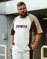 Big & Tall Men's Khaki POWER Alphabet Print Round Neck Short Sleeve T-Shirt Shorts Suit