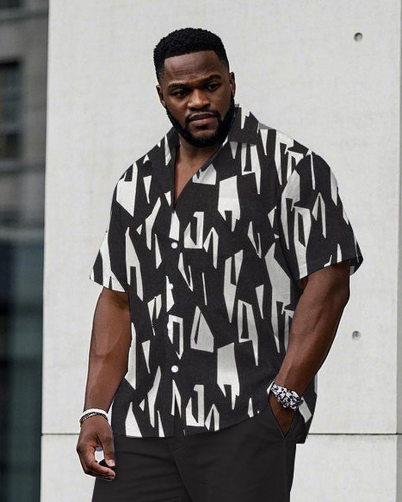 Men's Plus Size Business Casual Charcoal Black Geometric Pattern Short Sleeve Shirt Trousers Suit