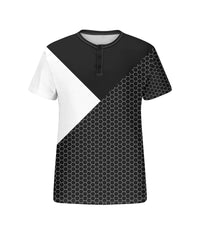 Men's Plus Size Daily Casual Black And White Patchwork Geometric Print Henry Collar Button Short Sleeve T-Shirt