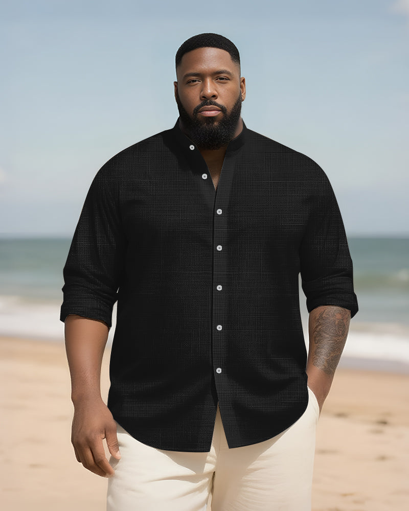 Big & Tall Men's Daily Solid Color Bamboo Hemp Texture Stand Collar Long Sleeve Shirt