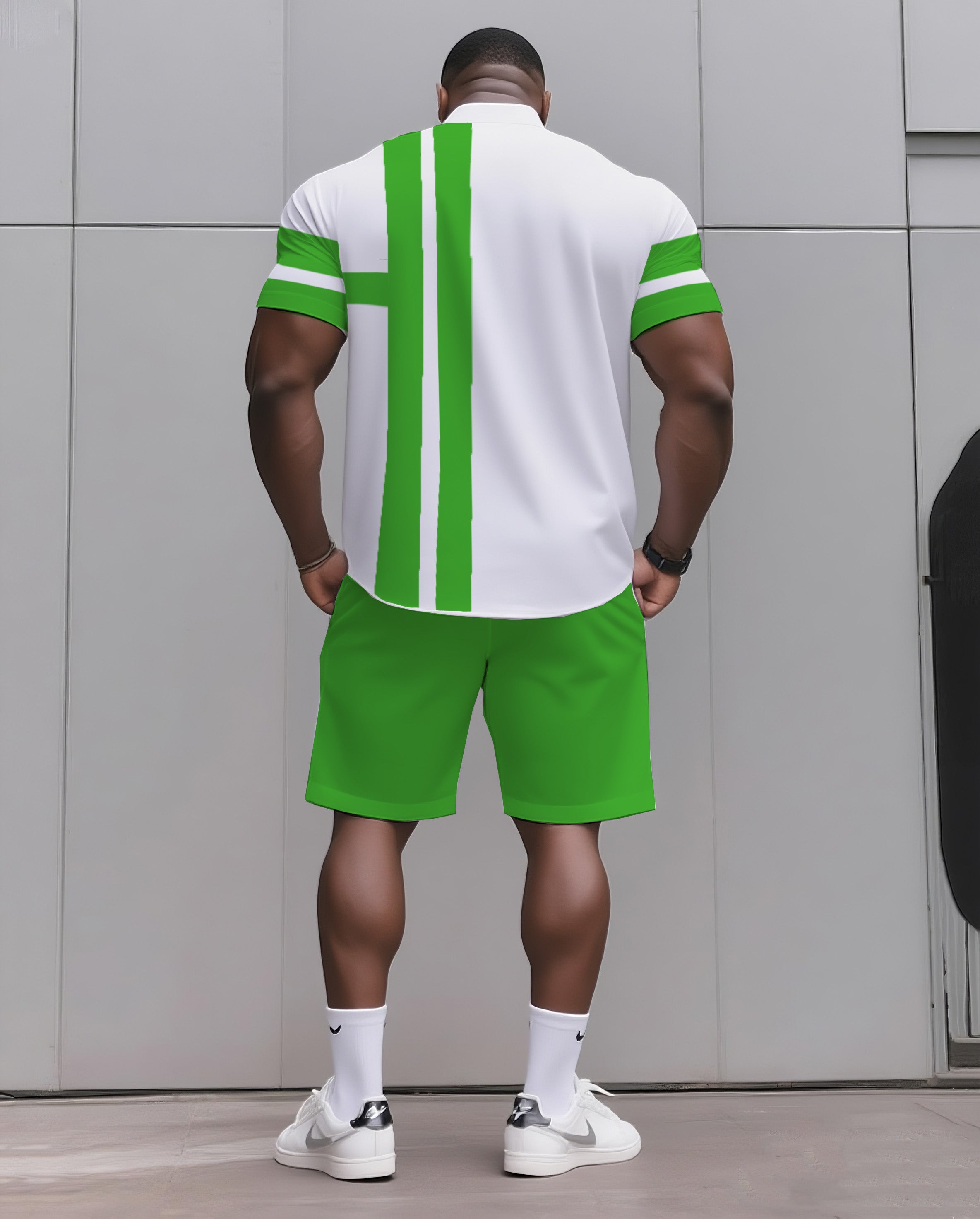 Big & Tall Men's Daily Casual Black & Grey & Wine Red & Fluorescent Green & Blue & Dark Blue. Big Striped Shirt Shorts Suit