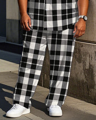 Big Guy's Simple Casual Black and White Plaid  Printed Long Sleeve Shirt Pants Set