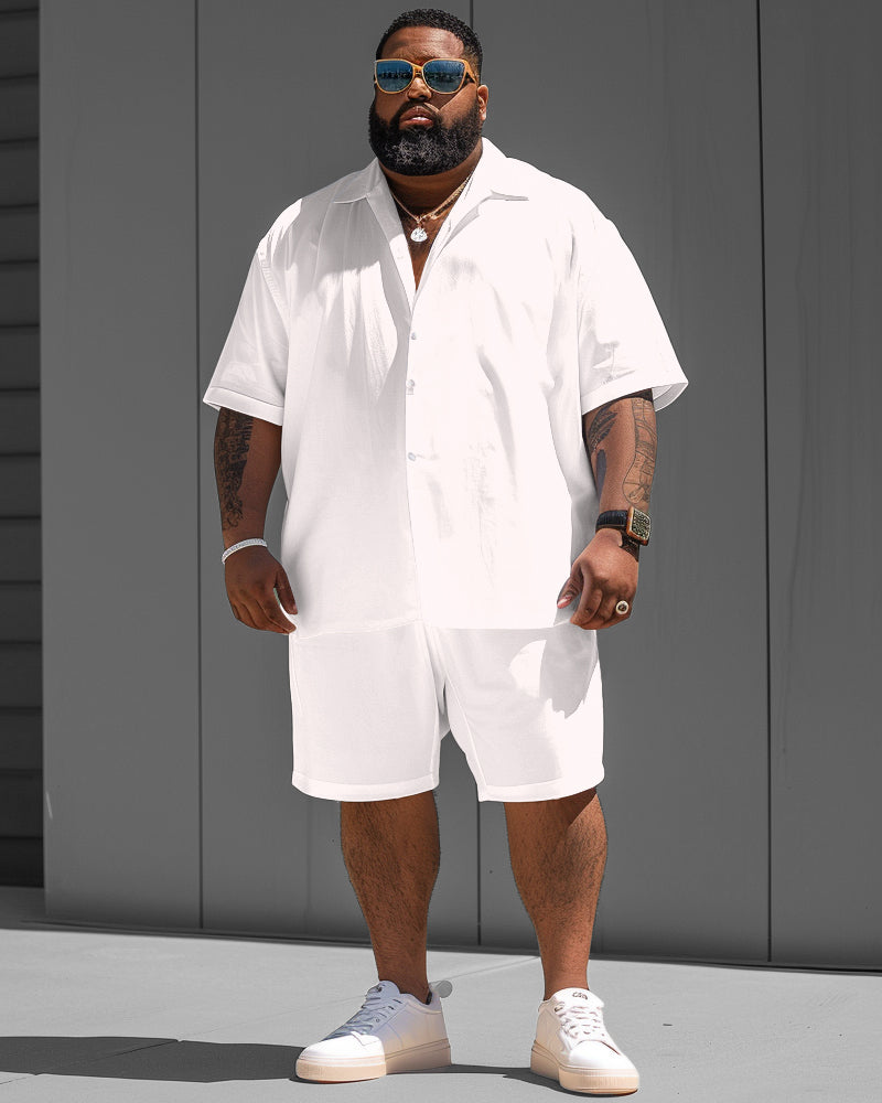 Big Guy Versatile White Solid Color Short Sleeve Shirt Shorts Set
