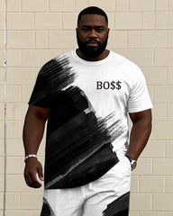 Men's Plus Size Street Brush "boss" Chest Printed Short Sleeve T-shirt Pants Suit