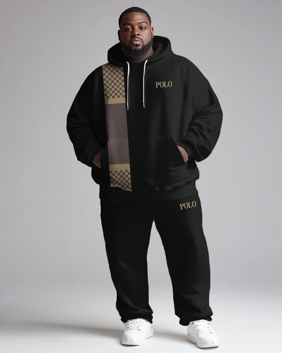 Big Men's Daily Casual Simple Plaid Patchwork Printed Hoodie Set