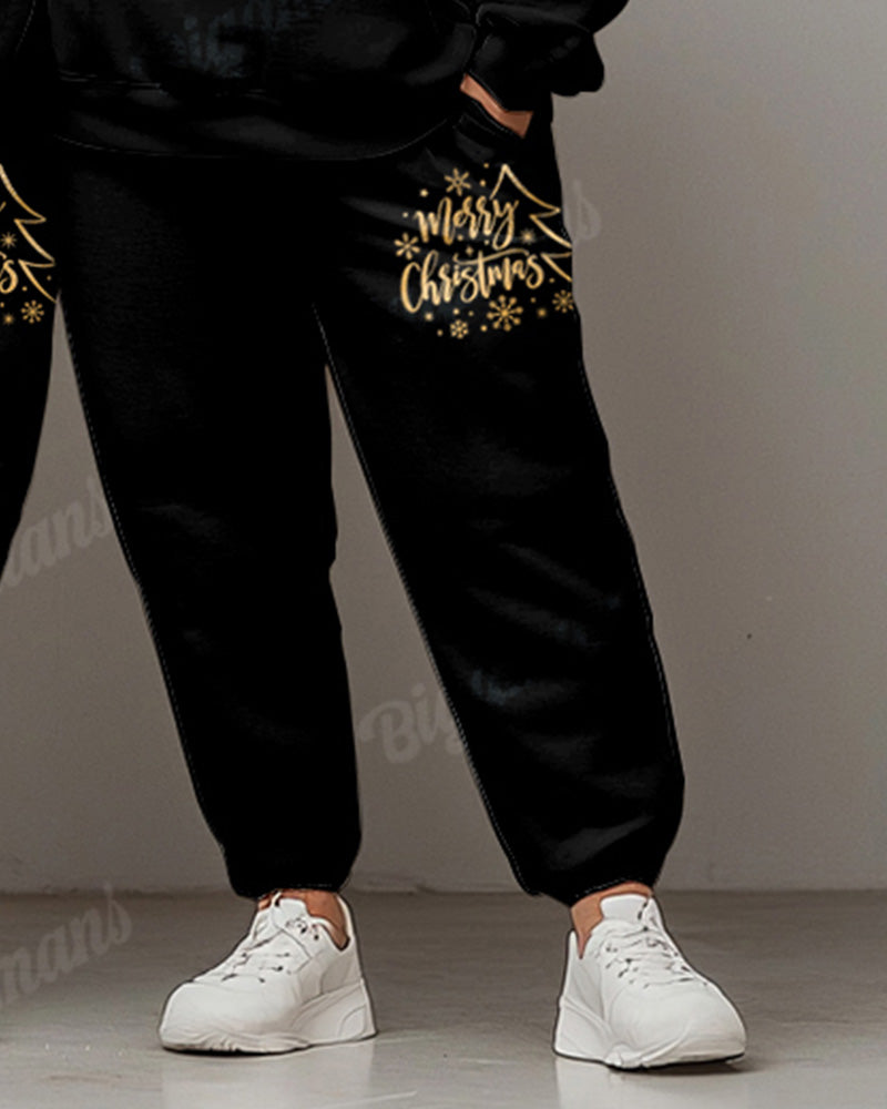 Couple Big and Tall Merry Christmas Letter Black Printed Sweatshirt Set