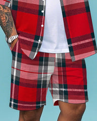 Men's Big Size Business Casual Red Bold Plaid Printed Outdoor Short Sleeve Shirt and Shorts Set