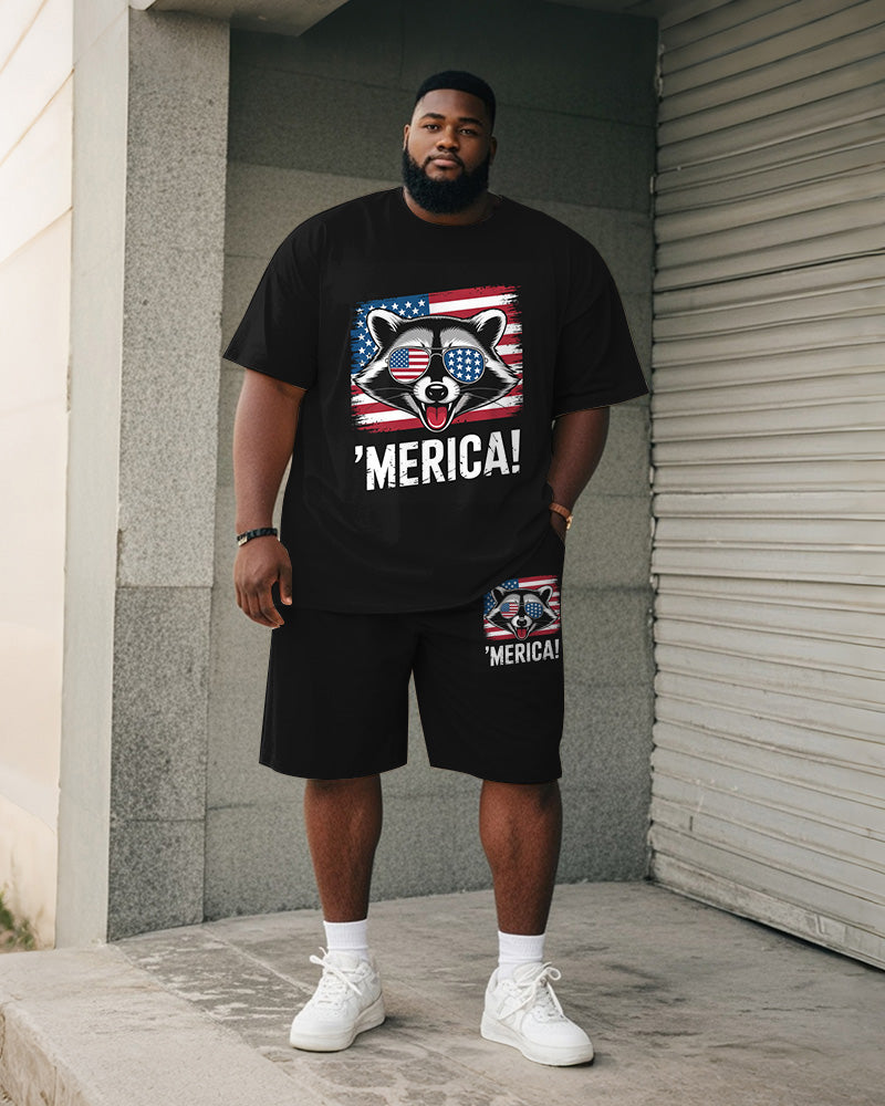 Big & Tall Men's Independence Day Raccoon With Sunglasses Letter Print Round Neck Short Sleeve T-Shirt Shorts Suit